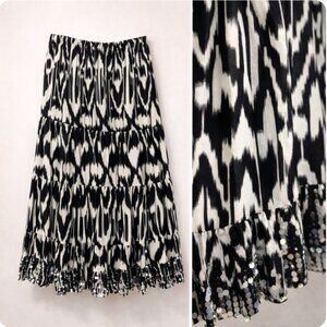 NY Collection Ikat Print Tiered Midi Skirt with Sequin Hem | Size XL
